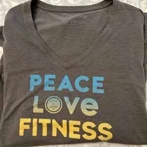 Life Is Good Charcoal V-Neck Tee with Colorful Text. Lightweight super soft.